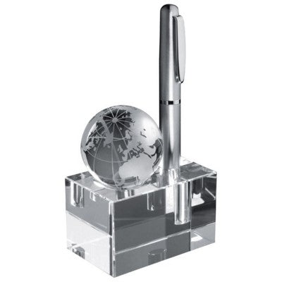 Branded Promotional GLASS CUBE PEN STAND with Loose World Globe Pen From Concept Incentives.