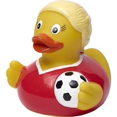 Branded Promotional FEMALE FOOTBALLER DUCK Duck Plastic From Concept Incentives.
