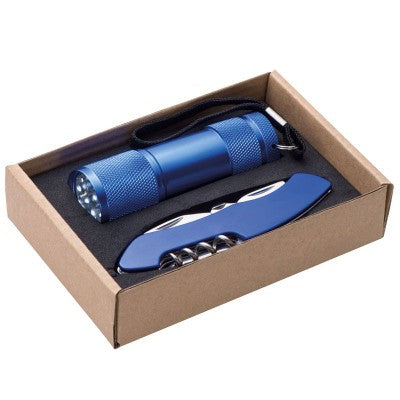 Branded Promotional DOVER TORCH AND POCKET KNIFE SET in Blue Torch From Concept Incentives.