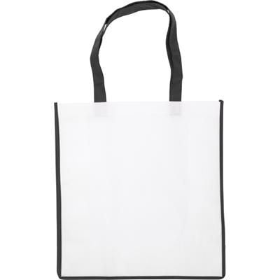 Branded Promotional NON WOVEN SHOPPER TOTE BAG in White with Coloured Trim in Black Bag From Concept Incentives.