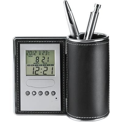 Branded Promotional DESK CLOCK AND PEN HOLDER in Black PU Plastic Clock From Concept Incentives.