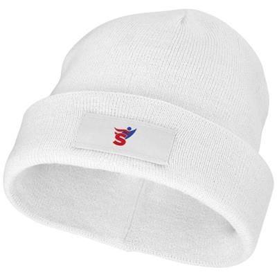 Branded Promotional BOREAS BEANIE with Patch in White Solid Hat From Concept Incentives.