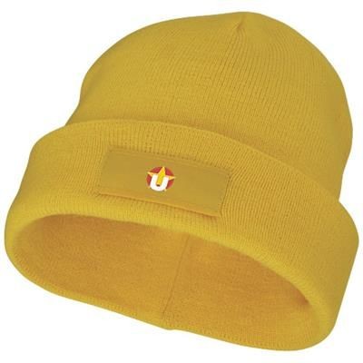 Branded Promotional BOREAS BEANIE with Patch in Yellow Hat From Concept Incentives.