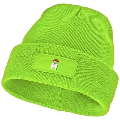 Branded Promotional BOREAS BEANIE with Patch in Apple Green Hat From Concept Incentives.