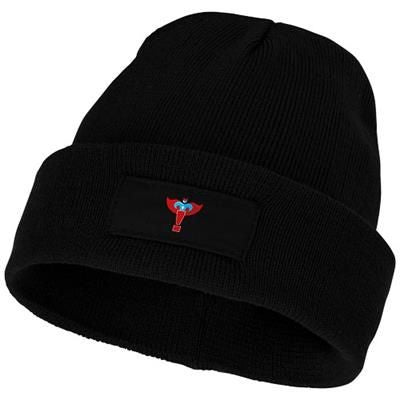 Branded Promotional BOREAS BEANIE with Patch in Black Solid Hat From Concept Incentives.