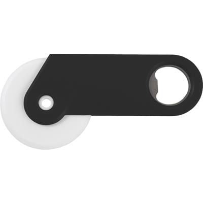 Branded Promotional PLASTIC PIZZA CUTTER AND BOTTLE OPENER in Black Pizza Cutter From Concept Incentives.