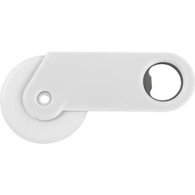 Branded Promotional PLASTIC PIZZA CUTTER AND BOTTLE OPENER in White Pizza Cutter From Concept Incentives.