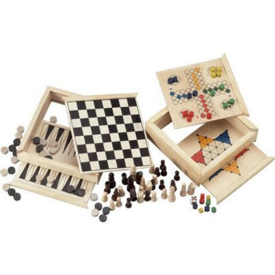 Branded Promotional 5-IN-1 GAME SET in Wood Board Game From Concept Incentives.