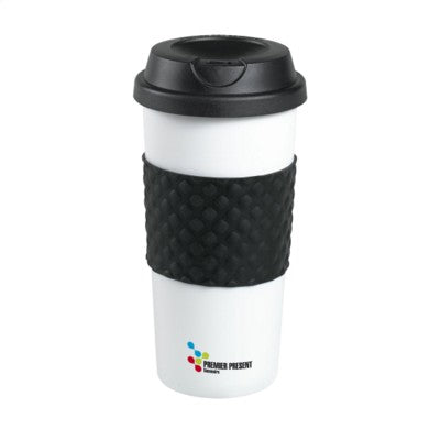 Branded Promotional HEATCUP COFFEE THERMO CUP in Black & White Travel Mug From Concept Incentives.