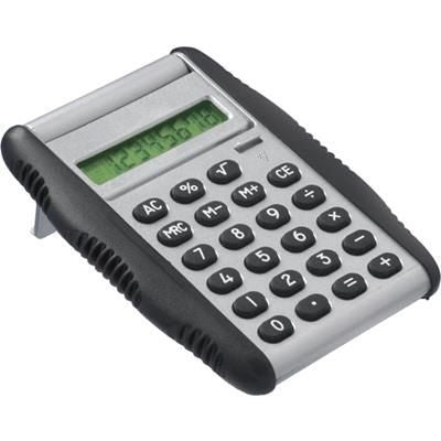 Branded Promotional POCKET AUTO OPEN CALCULATOR in Silver with Black Rubber Trim Calculator From Concept Incentives.