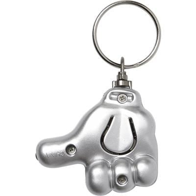 Branded Promotional PLASTIC THUMBS UP KEYRING with Push Button LED Light in Silver Keyring From Concept Incentives.