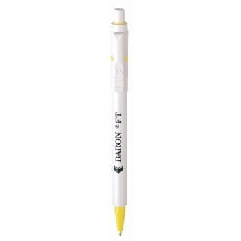 Branded Promotional BARON FT RETRACTABLE PLASTIC BALL PEN in White with Yellow Trim, Top Ring & Nose Cone Pen From Concept Incentives.