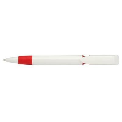 Branded Promotional S40 GRIP FT PUSH BUTTON PLASTIC BALL PEN in Solid White with Red Fittings Pen From Concept Incentives.