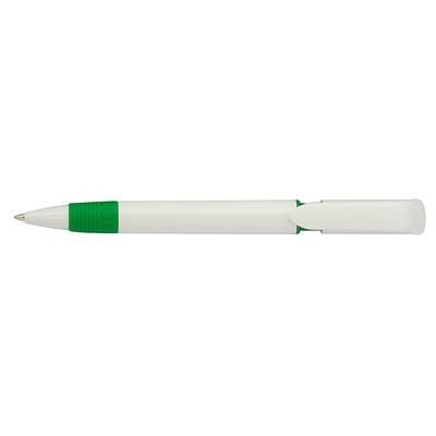 Branded Promotional S40 GRIP FT PUSH BUTTON PLASTIC BALL PEN in Solid White with Green Fittings Pen From Concept Incentives.