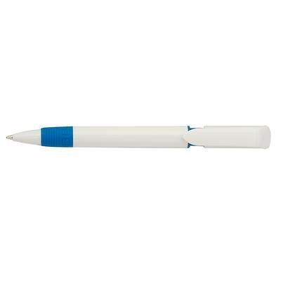 Branded Promotional S40 GRIP FT PUSH BUTTON PLASTIC BALL PEN in Solid White with Light Blue Fittings Pen From Concept Incentives.