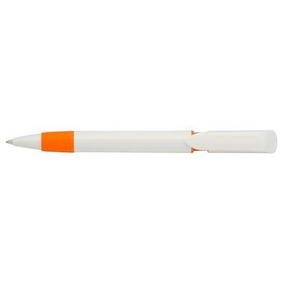 Branded Promotional S40 GRIP FT PUSH BUTTON PLASTIC BALL PEN in Solid White with Orange Fittings Pen From Concept Incentives.