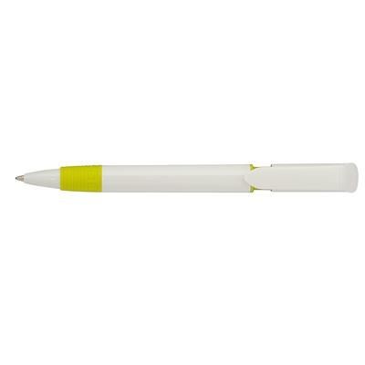 Branded Promotional S40 GRIP FT PUSH BUTTON PLASTIC BALL PEN in Solid White with Lime Green Fittings Pen From Concept Incentives.