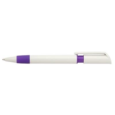 Branded Promotional S40 GRIP FT PUSH BUTTON PLASTIC BALL PEN in Solid White with Lilac Fittings Pen From Concept Incentives.