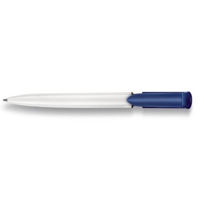 Branded Promotional S40 COLOR PUSH BUTTON PLASTIC BALL PEN in Solid White with Dark Blue Trim Pen From Concept Incentives.