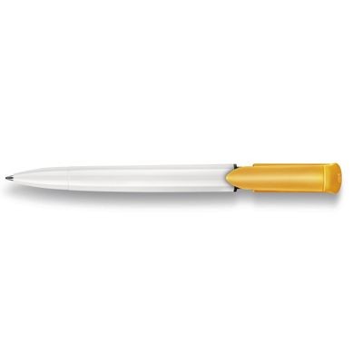 Branded Promotional S40 COLOR PUSH BUTTON PLASTIC BALL PEN in Solid White with Yellow Trim Pen From Concept Incentives.