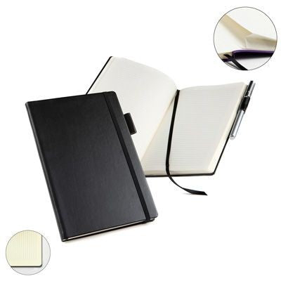 Branded Promotional A5 CASEBOUND NOTE BOOK in Black Belluno PU Leatherette Leather Jotter From Concept Incentives.