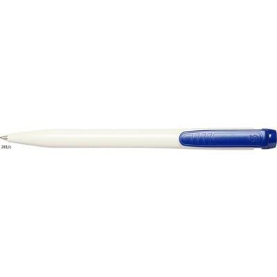 Branded Promotional PIER FT RETRACTABLE PLASTIC BALL PEN in White with Dark Blue Trim Pen From Concept Incentives.