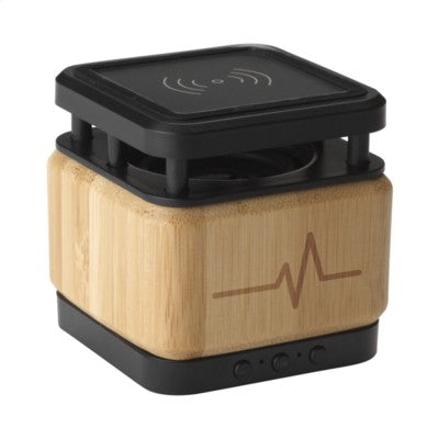 Branded Promotional BAMBOO CUBE BLOCK SPEAKER with Cordless Charger in Wood Speakers From Concept Incentives.