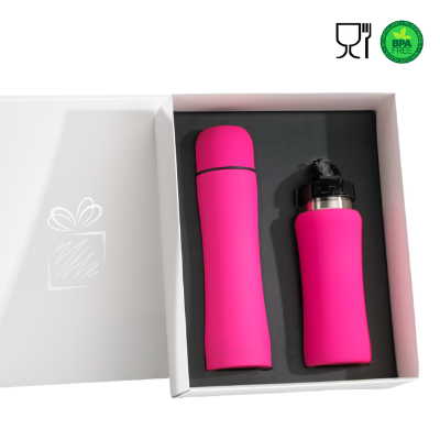 Branded Promotional COLORISSIMO WATER BOTTLE AND THERMOS FLASK SET in Pink from Concept Incentives