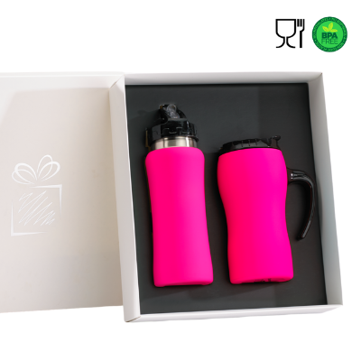 Branded Promotional COLORISSIMO WATER BOTTLE AND THERMAL MUG WITH HANDLE SET in Pink from Concept Incentives