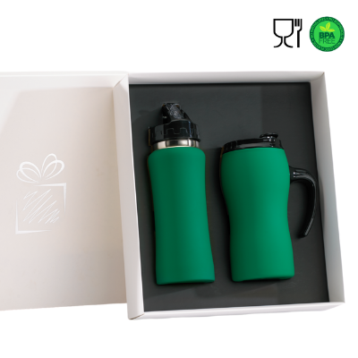 Branded Promotional COLORISSIMO WATER BOTTLE AND THERMAL MUG WITH HANDLE SET in Green from Concept Incentives