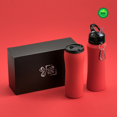 Branded Promotional COLORISSIMO WATER BOTTLE WITH HOOK AND THERMAL MUG SET in Red from Concept Incentives
