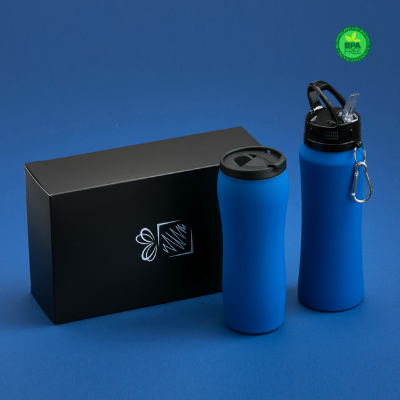 Branded Promotional COLORISSIMO WATER BOTTLE WITH HOOK AND THERMAL MUG SET in Blue from Concept Incentives