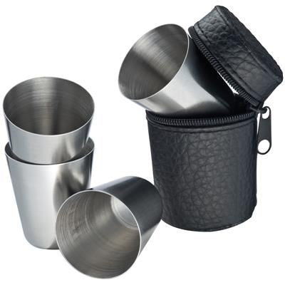 Branded Promotional FOUR STAINLESS STEEL METAL CUP in Black Case Mug From Concept Incentives.