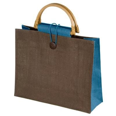 Branded Promotional JUTE BAG with Bamboo Grip in Light Blue Bag From Concept Incentives.