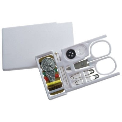 Branded Promotional COMPACT TRAVEL SEWING KIT in Sliding White Plastic Case Sewing Kit From Concept Incentives.