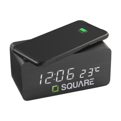 Branded Promotional AVANT CORDLESS CHARGER DIGI CLOCK ALARM CLOCK in Black Clock From Concept Incentives.