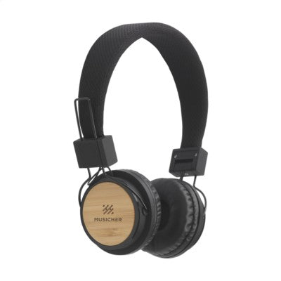 Branded Promotional ECO BAMBOO CORDLESS HEADPHONES in Black Earphones From Concept Incentives.