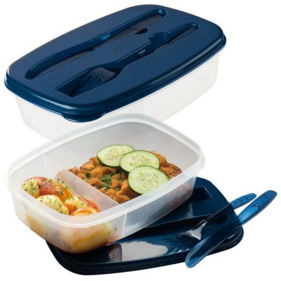 Branded Promotional MATINO PLASTIC FOOD BOX with Cutlery in Navy Lunch Box From Concept Incentives.