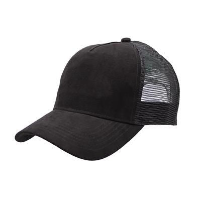 Branded Promotional 100% POLYESTER SUEDE FRONTED 5 PANEL TRUCKER CAP with Mesh Back & Plastic Snap Adjuster in Black Baseball Cap From Concept Incentives.