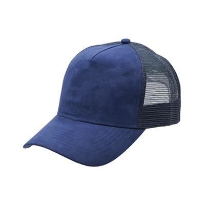 Branded Promotional 100% POLYESTER SUEDE FRONTED 5 PANEL TRUCKER CAP with Mesh Back & Plastic Snap Adjuster in Navy Baseball Cap From Concept Incentives.