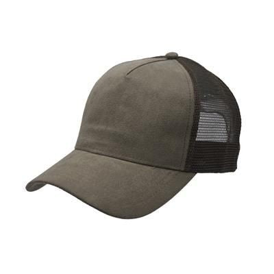 Branded Promotional 100% POLYESTER SUEDE FRONTED 5 PANEL TRUCKER CAP with Mesh Back & Plastic Snap Adjuster in Olive Baseball Cap From Concept Incentives.