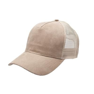 Branded Promotional 100% POLYESTER SUEDE FRONTED 5 PANEL TRUCKER CAP with Mesh Back & Plastic Snap Adjuster in Tan Baseball Cap From Concept Incentives.
