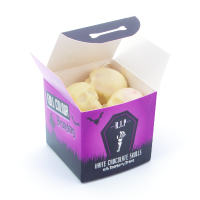 Branded Promotional HALLOWEEN ECO CUBE OF 4 WHITE CHOCOLATE SKULLS from Concept Incentives