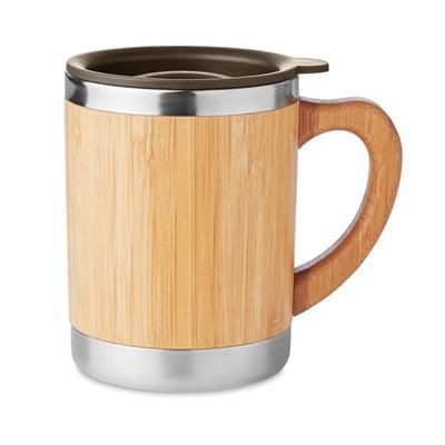 Branded Promotional DOUBLE WALL STAINLESS STEEL METAL TUMBLER with Bamboo Case & Moveable Drink Hole Travel Mug From Concept Incentives.