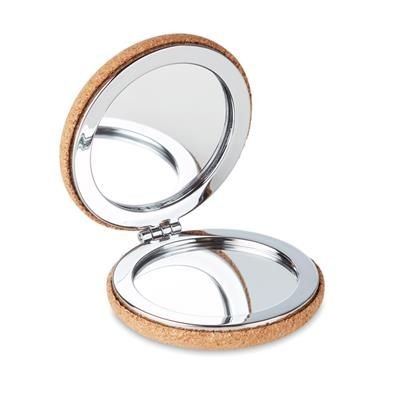 Branded Promotional ROUNDED DOUBLE SIDED COMPACT MIRROR with Cork Finish Cover Mirror From Concept Incentives.