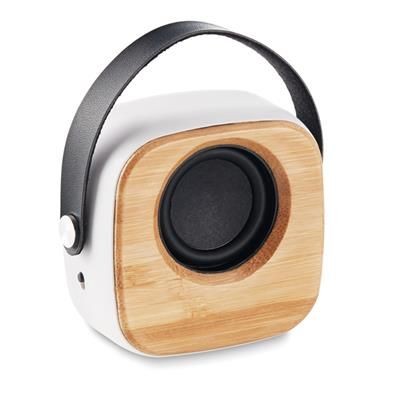 Branded Promotional BLUETOOTH SPEAKER in Abs with Bamboo Front & PU Strap Speakers From Concept Incentives.