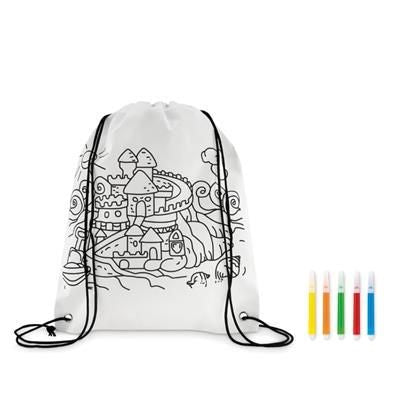 Branded Promotional NON WOVEN DRAWSTRING BAG with 5 Markers & Design to Colour In Bag From Concept Incentives.