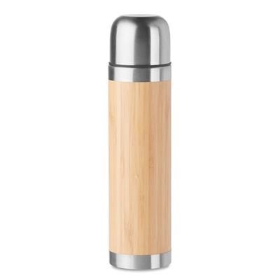Branded Promotional DOUBLE WALL STAINLESS STEEL METAL THERMAL INSULATED VACUUM FLASK with Bamboo Outer Cover Travel Mug From Concept Incentives.