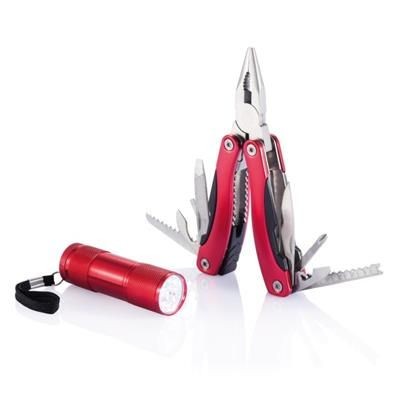 Branded Promotional MULTI TOOL AND TORCH SET in Red Multi Tool From Concept Incentives.