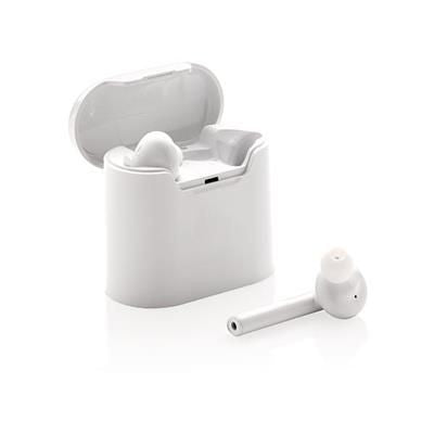 Branded Promotional LIBERTY CORDLESS EARBUDS in Charger Case in White Earphones From Concept Incentives.